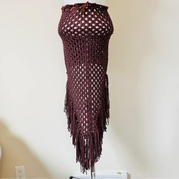 Boho Crochet Festival High Low Skirt Loose Knit Beach Swim  Cover Up Fringe Sz S - Picture 2 of 14